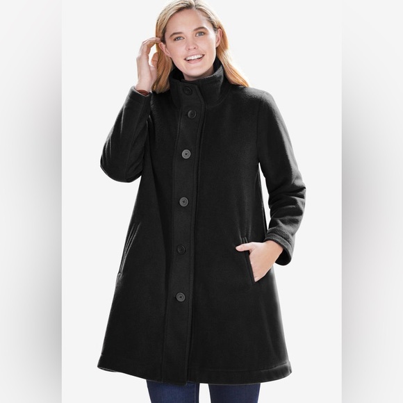 Woman Within Jackets & Blazers - Woman Within Black Fleece Swing Funnel-Neck Coat - Size 34